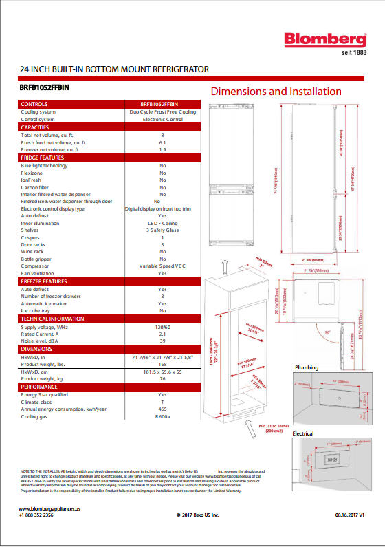BRFB1052FFBIN 24 INCH BUILT-IN BOTTOM MOUNT REFRIGERATOR