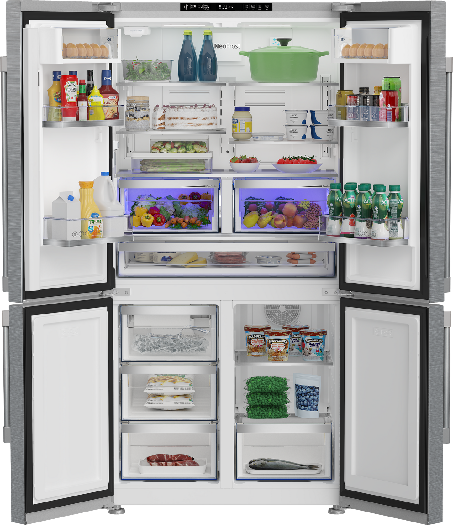 BFFD3626SS: 36" French Four-Door Stainless Steel Refrigerator with auto Ice Maker, Water Dispenser